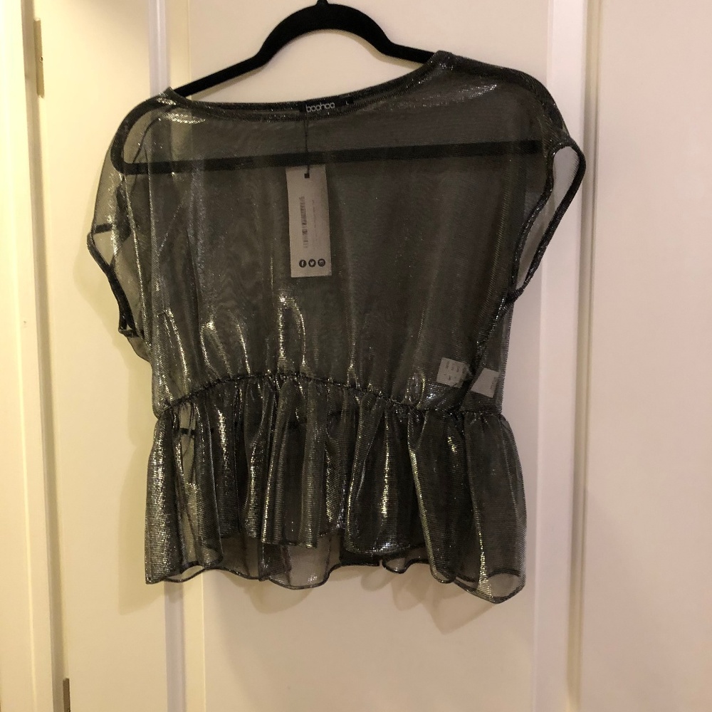 Boohoo Metallic Ruffle Peplum Mesh Sheer Tee
